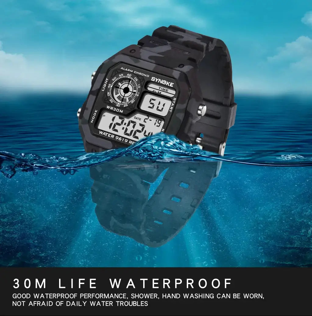 SYNOKE outdoor military digital watch for men with black camouflage strap, waterproof 30m