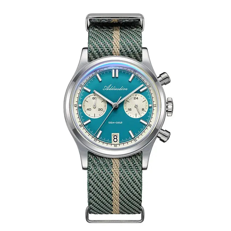 Addiesdive men's watch with teal dial, chronograph subdials, stainless steel case, green striped fabric strap