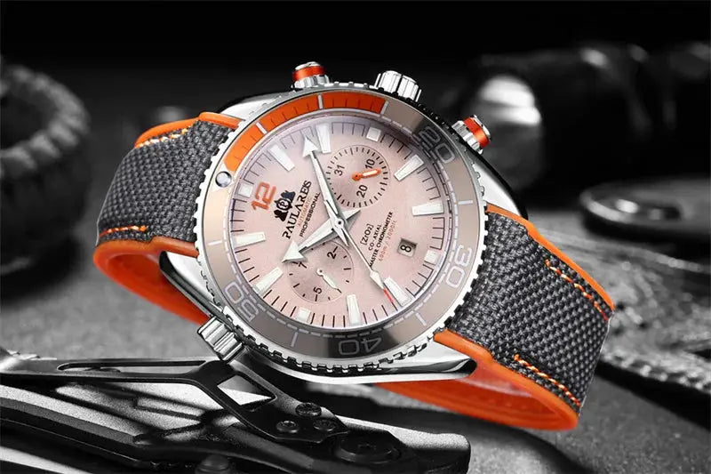 Paulareis P luxury men's automatic watch with pink dial, orange-trim rubber strap