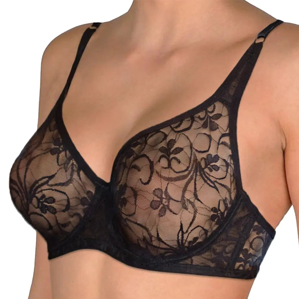 Women's black lace underwire bra with floral embroidery and sheer mesh cups