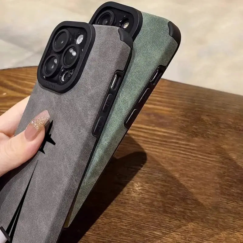Two luxury matte leather silicone cases for iPhone, gray and green with lens protection