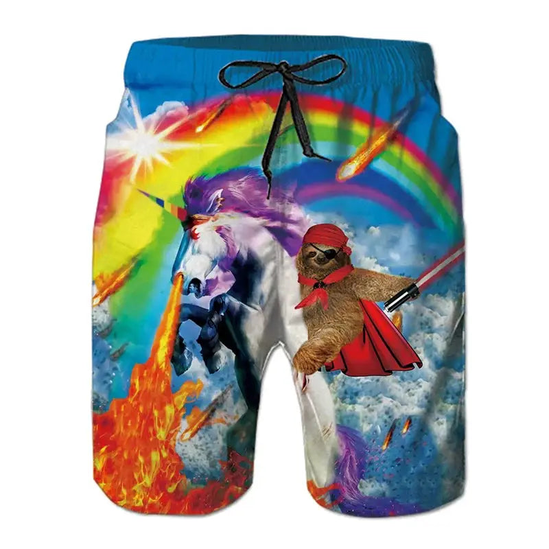 Funny dinosaur cat graphic board shorts by Simples Market; blue waistband and colorful 3D print