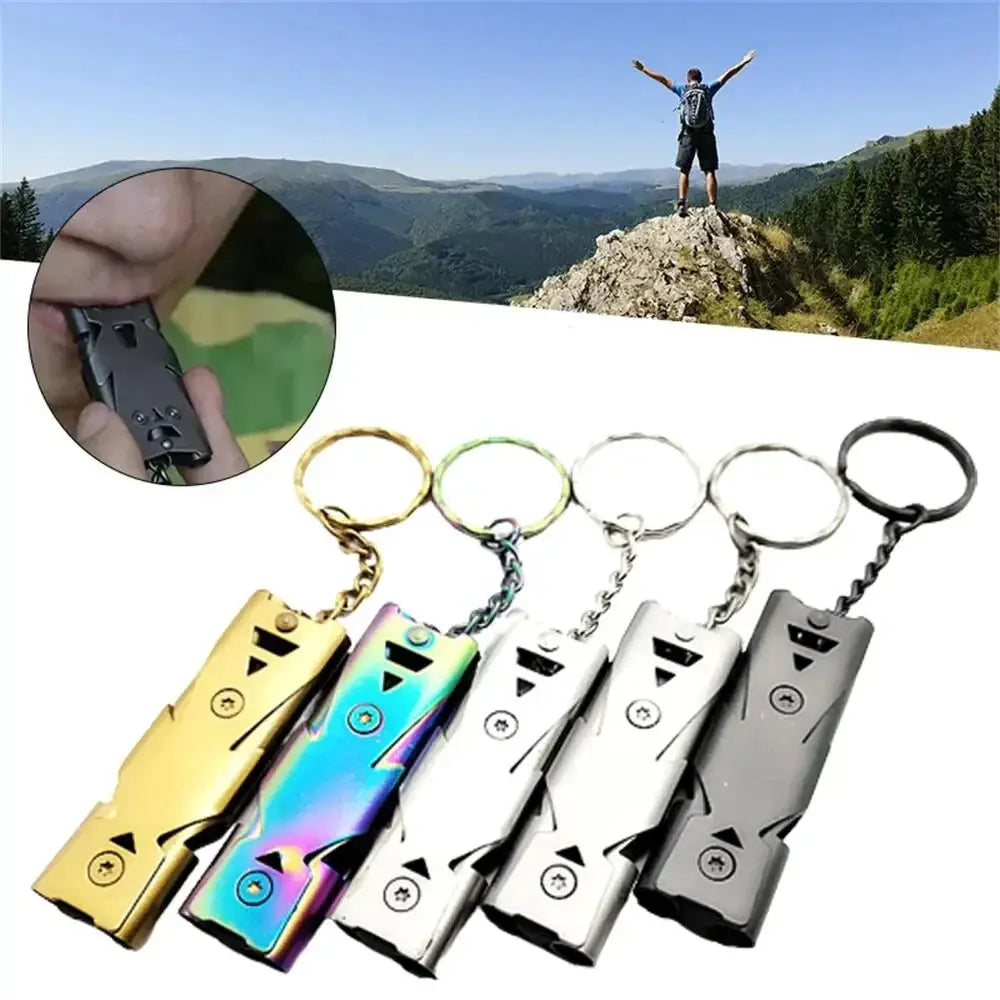 Double Pipe Whistle Pendant Keychain set of 5; metal outdoor emergency whistles in gold, rainbow, silver, gray.