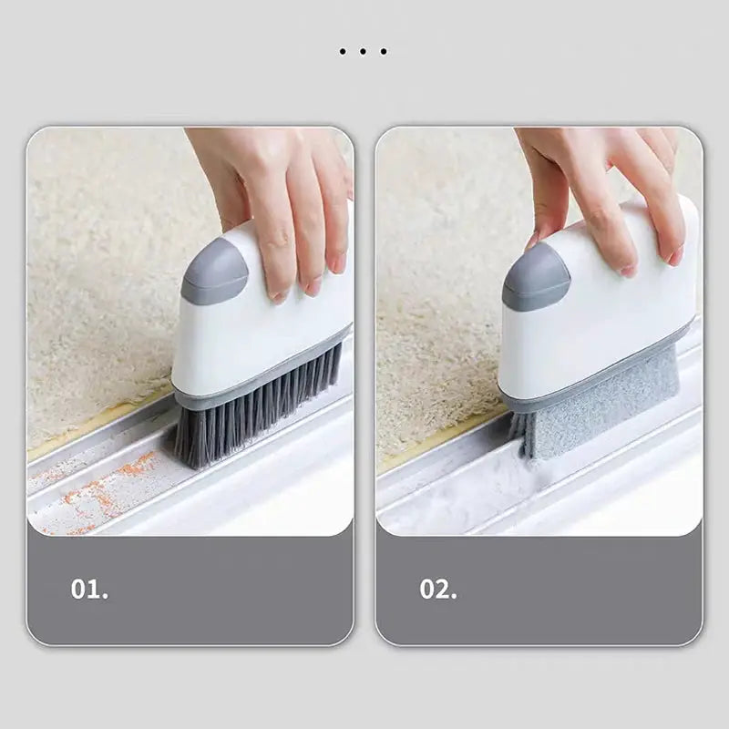 Simples Market 2-in-1 window rail cleaning brush, white and gray, with bristle head and sponge pad