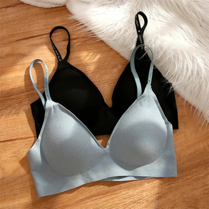 FINETOO wireless bralette set of 2 in blue and black, ribbed knit, padded, deep-V.