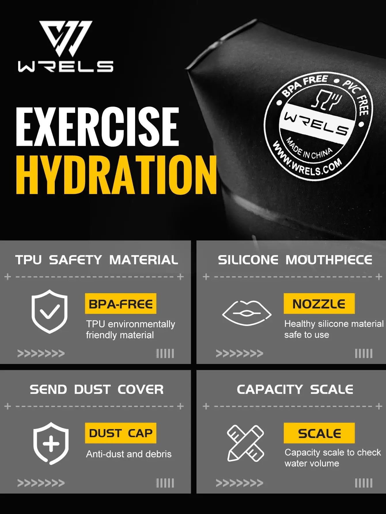 WRELS Soft Flask hydration bottle; BPA-free TPU, collapsible and leakproof for running