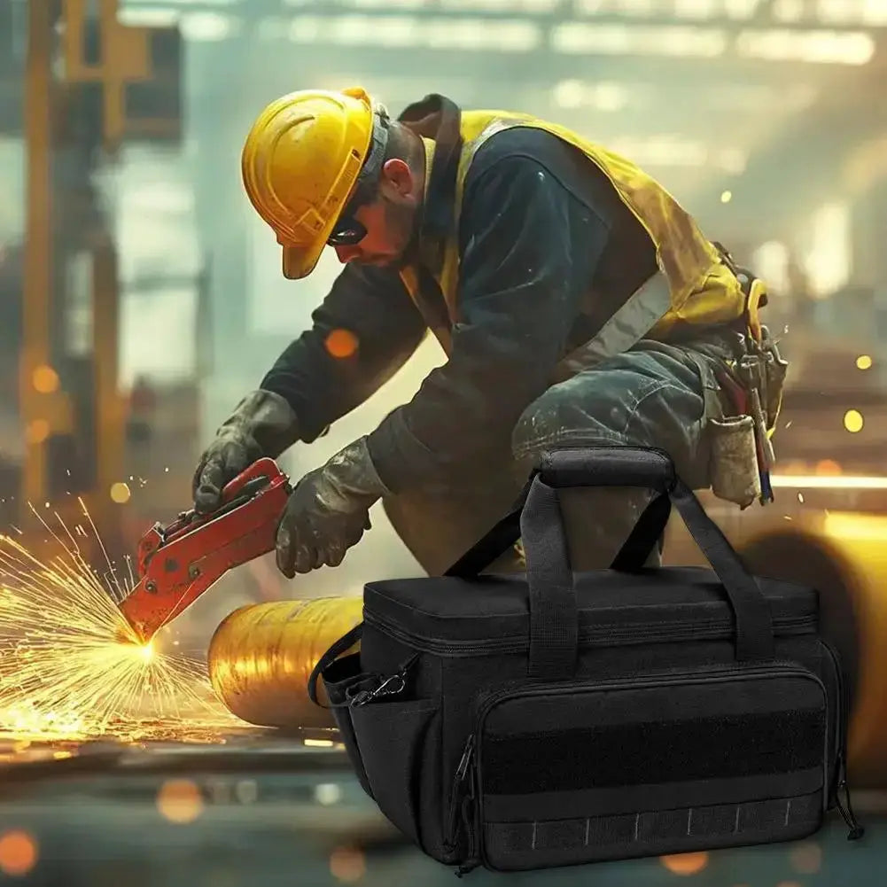 High-capacity tool storage bag, black with padded base and sturdy carrying handles, water-resistant.