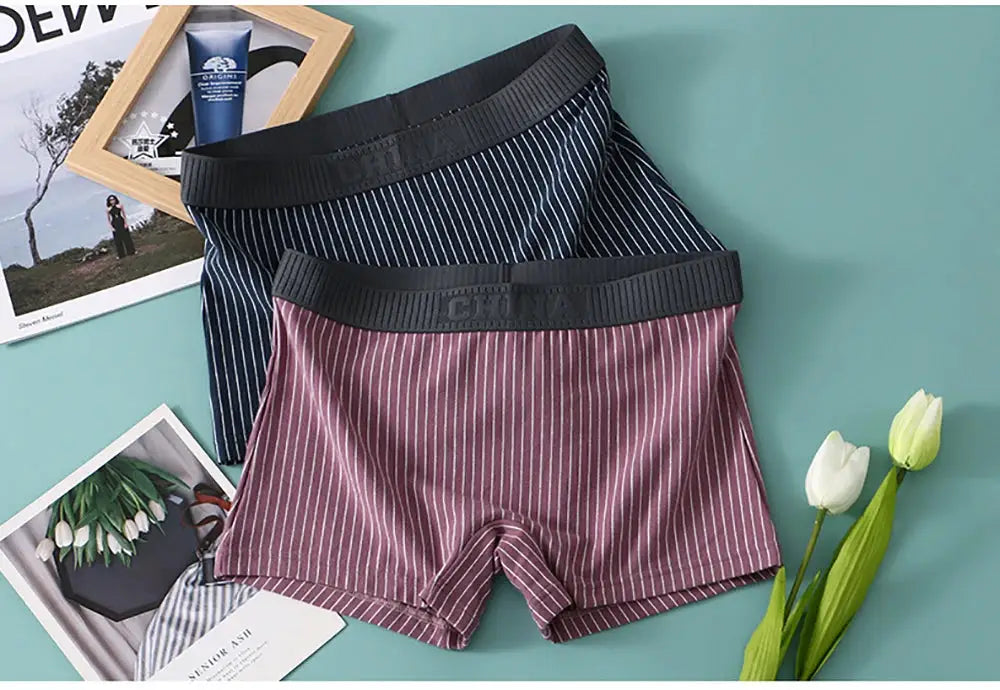 Simples Market 3-pack women's 100% cotton striped boyshorts; navy and plum with black mid-rise waistband