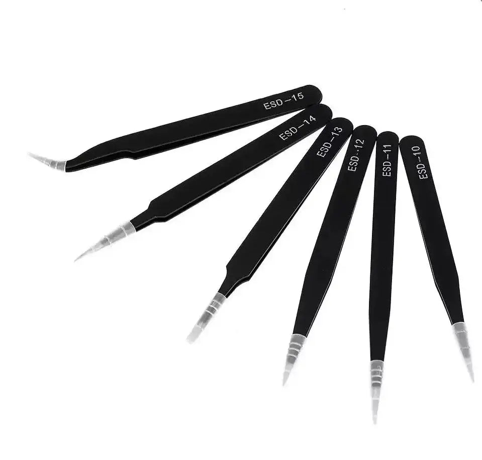 Antistatic Stainless Steel Tweezers 6 Piece Set for Precision Electronics Repair and Model Making Curved Tips