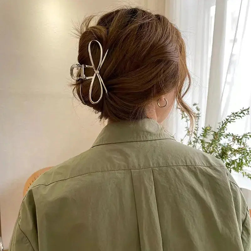 LuminaLocks Elegant Bow Metal Hair Claw Clips For Women With Secure Hold In Geometric Gold And Silver Finish