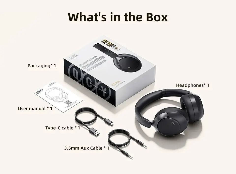 QCY H3 Pro ANC wireless over-ear headphones in black with box, Type-C cable, 3.5mm aux cable, and user manual