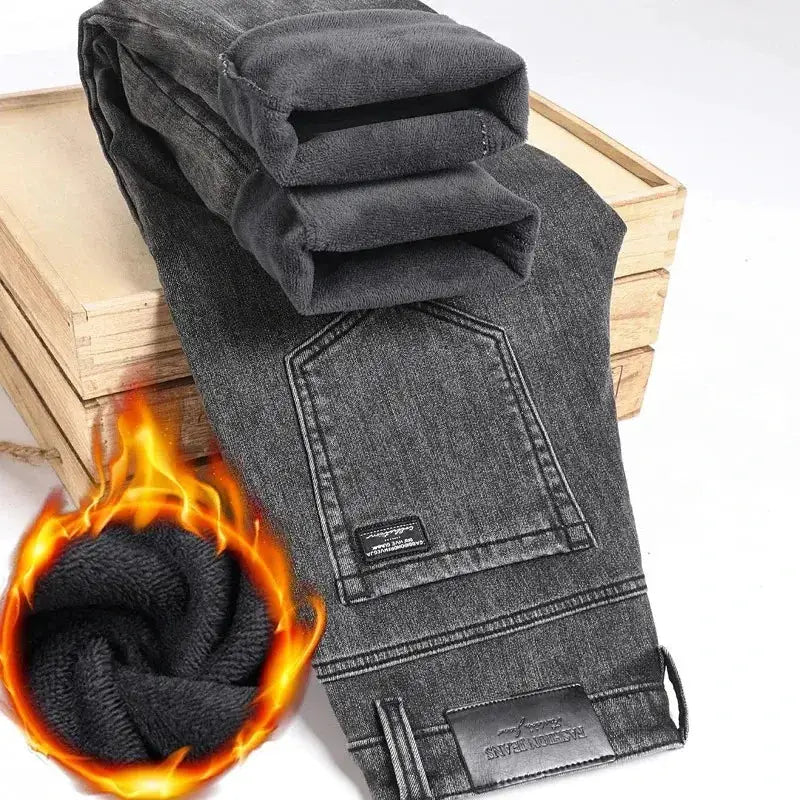 Winter Warm Jeans for men by Simples Market, dark denim slim straight with plush lining and elastic waistband