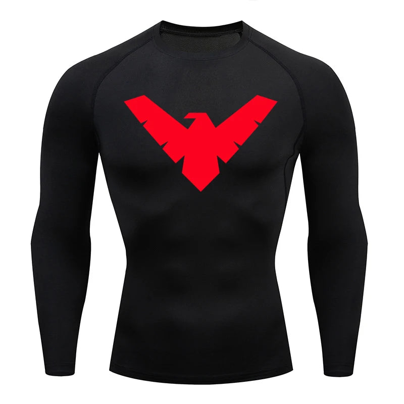 Men's black long-sleeve compression shirt with bold red chest logo.