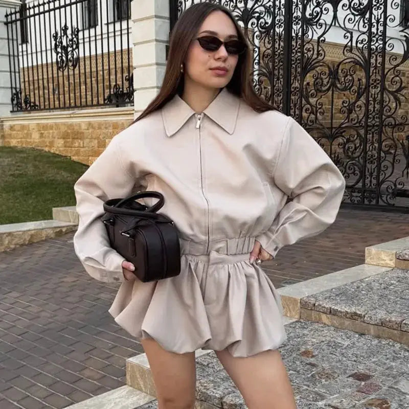Tuularose Womens Lapel Zip Jacket Two Piece Pleated Shorts Autumn Suit