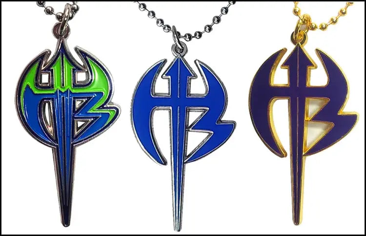 Smoking Skull pendant necklaces, a three-color set in green/blue, blue, and purple/gold on chains