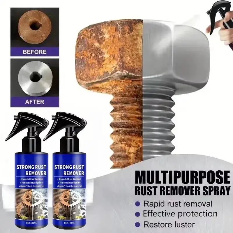 Simples Market multipurpose rust remover spray; two blue spray bottles beside rusted metal before/after image