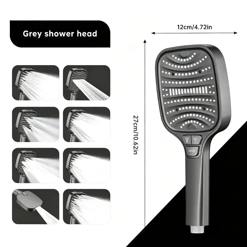 Square handheld showerhead by Simples Market, 8 modes, high-flow rain spray, silvery finish
