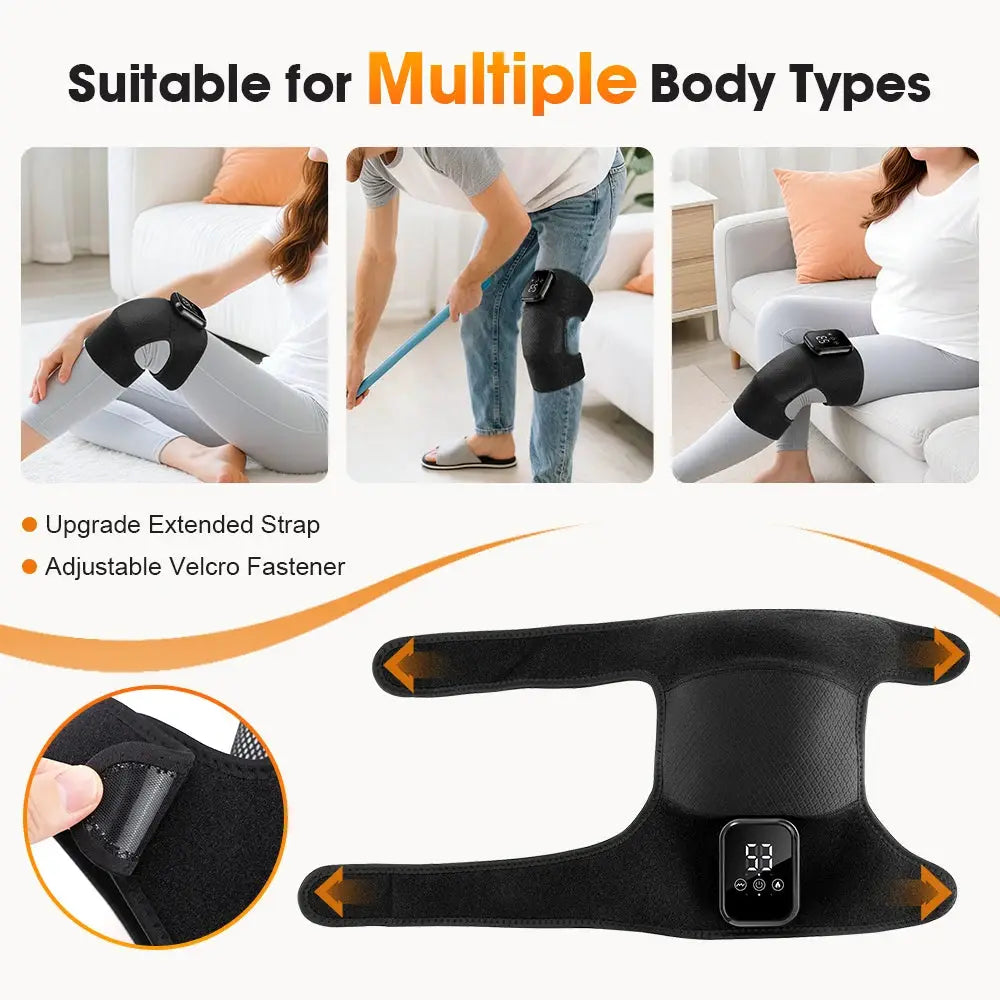 Electric heated knee massage pad with 3-level heat and adjustable Velcro strap in black, Simples Market.