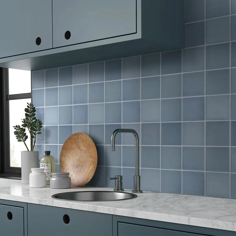 Blue 3D decorative tile stickers for kitchen and bathroom walls; self-adhesive, water-resistant, 30x30cm