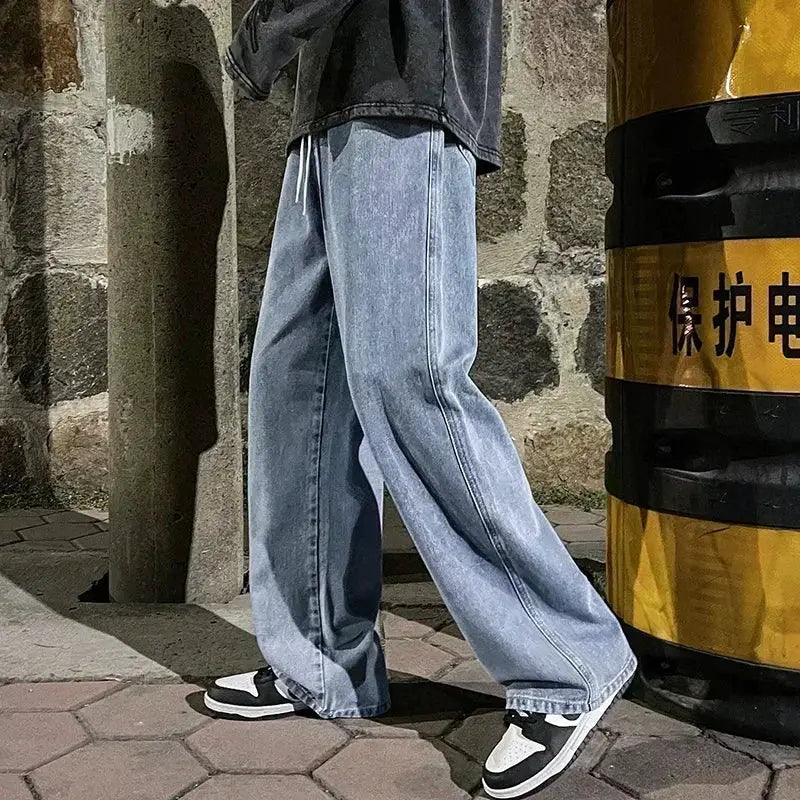 Brand Clothing Streetwear Loose Jeans For Men Korean Style Wide Leg Pants Breathable Cotton Poly Blend