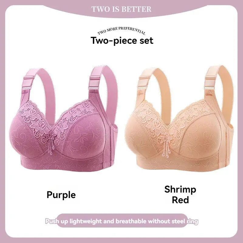Two-piece womens lace bra set in Purple and Shrimp Red with floral lace panels and adjustable straps