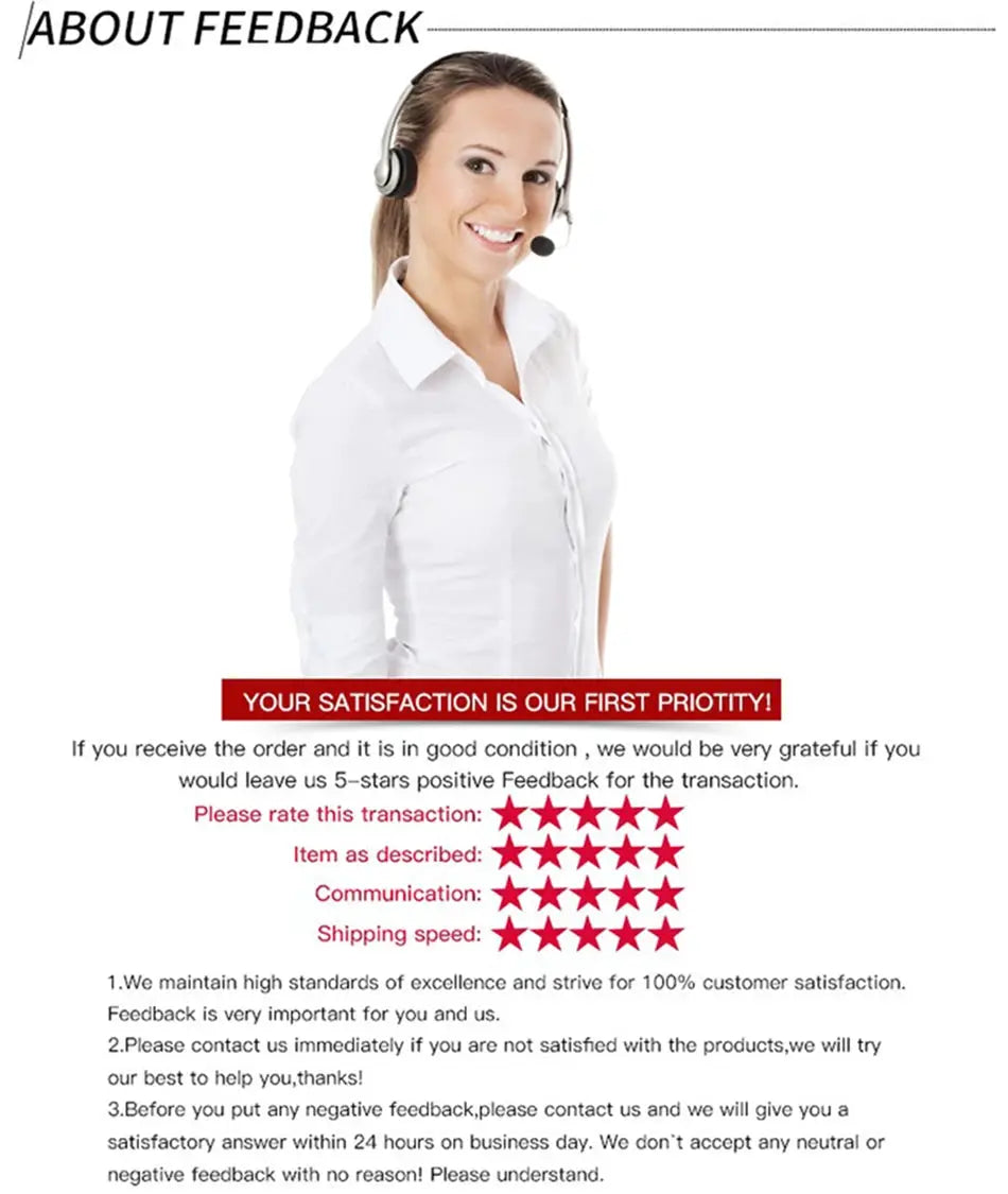 Customer service agent with headset on white background; About Feedback section with red satisfaction banner.