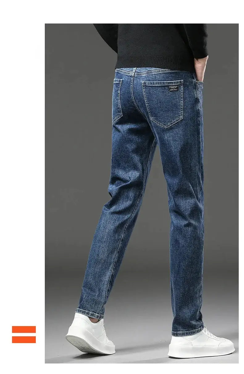 Winter fleece jeans for men, blue denim, slim straight fit with back pockets by Simples Market