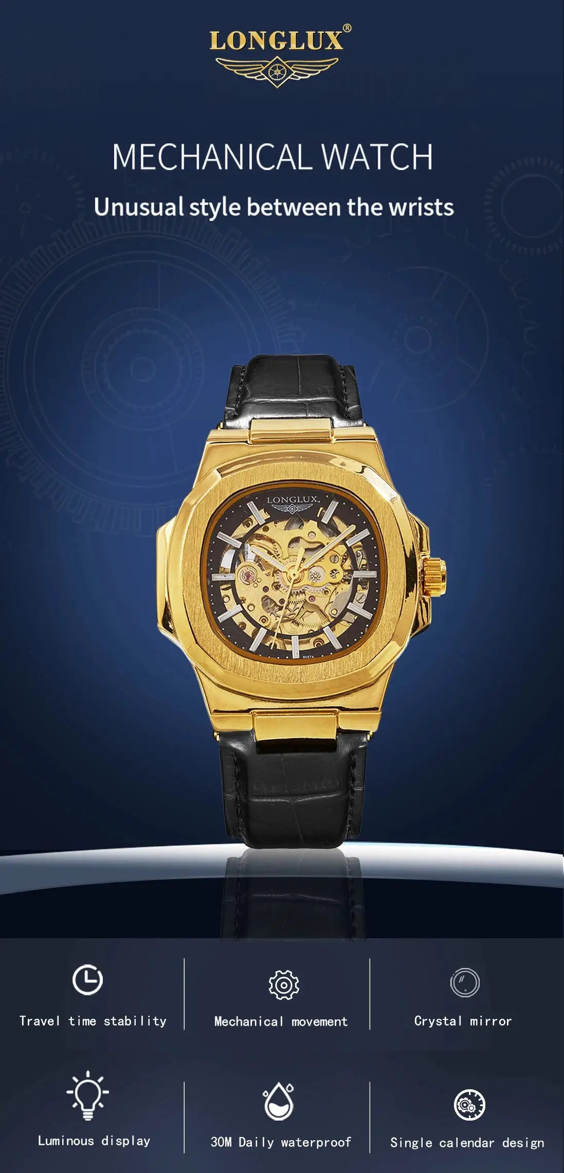 Longlux men's gold-tone skeleton automatic watch with black leather strap