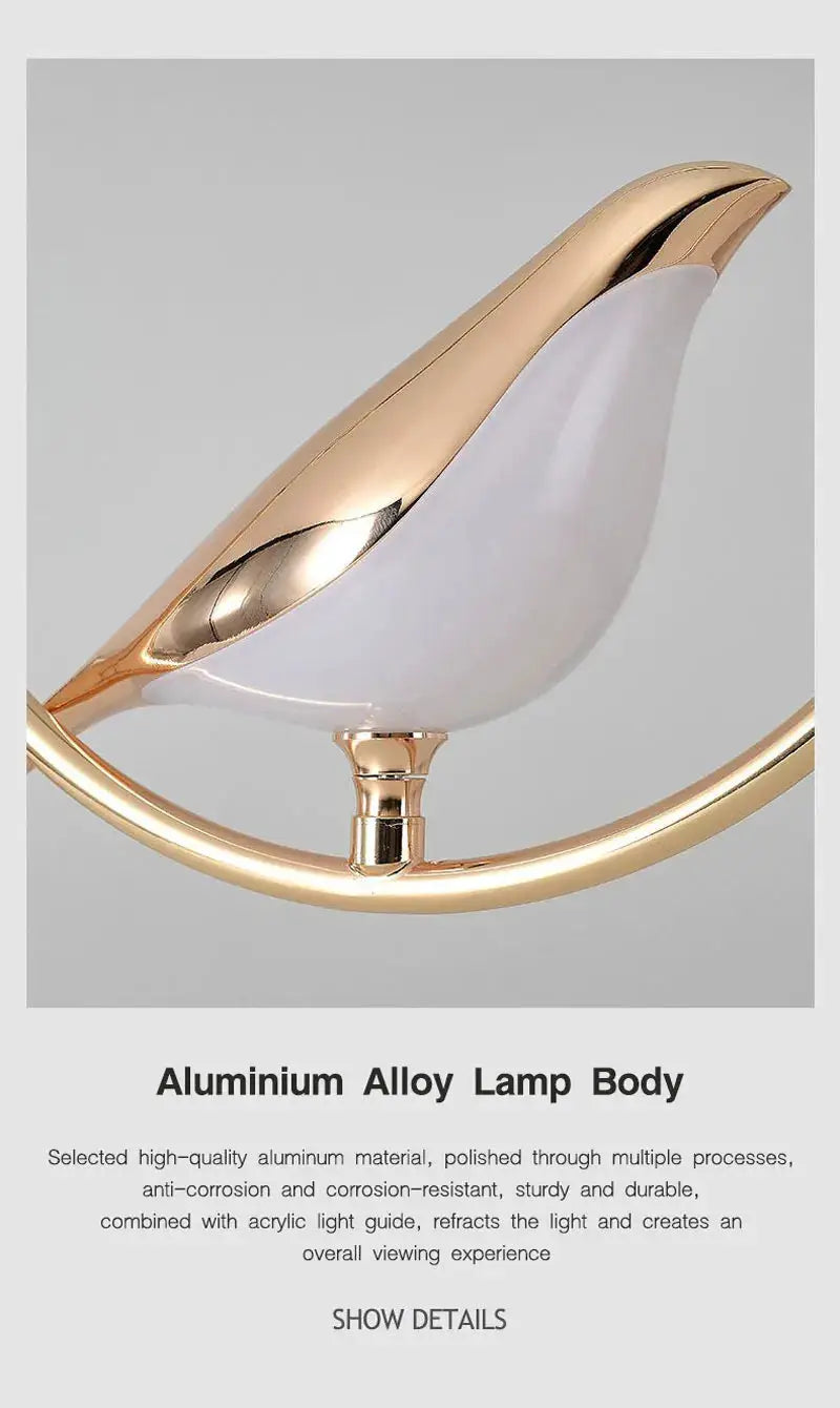 Magpie bird LED pendant light with aluminium alloy body and gold finish