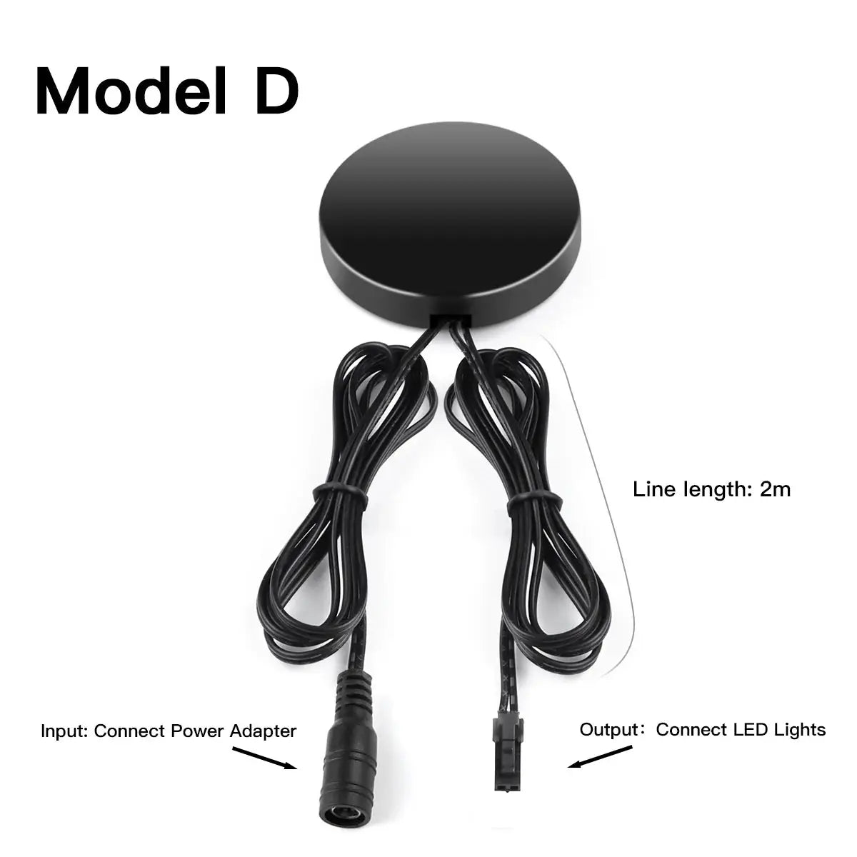 Simples Market Model D round black touch dimmer for LED lights; 2m lead cables, input power adapter and LED output