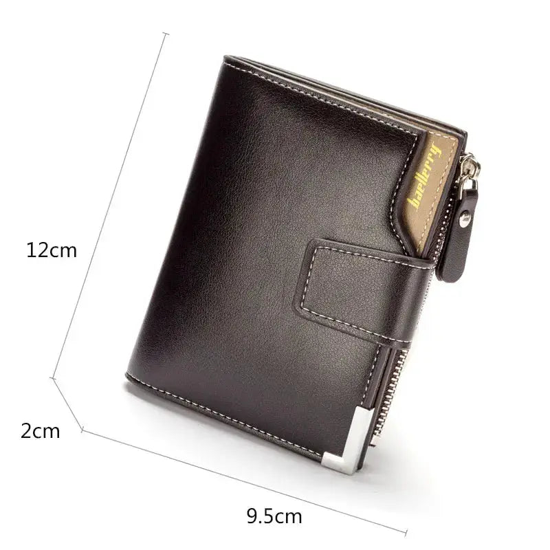 Baellerry men's black leather wallet with zipper coin pocket and card holder; compact 9.5×12×2 cm