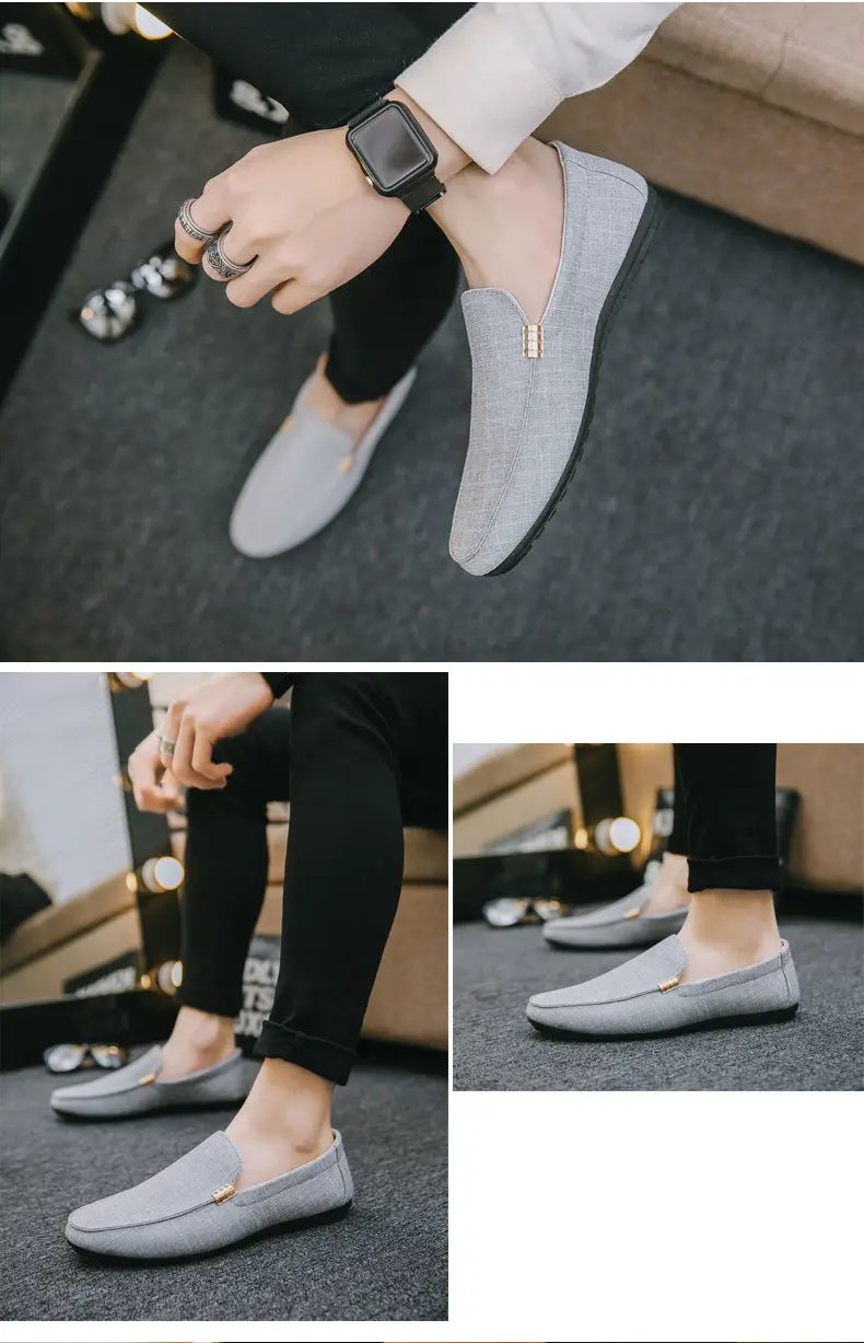 1 pair of men's canvas slip-on loafers by Simples Market in light gray; casual dress shoes