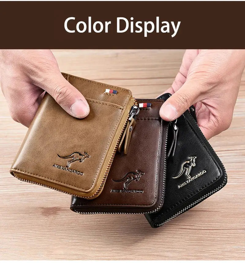 Set of three men's leather zippered wallets with RFID protection in tan, brown and black, AUS KANGAROO logo.