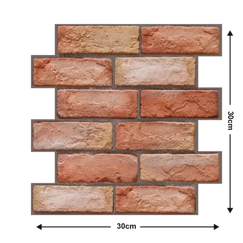 Self-adhesive 3D brick wall panel sheet, waterproof; beige-red brick pattern, 30x30 cm.