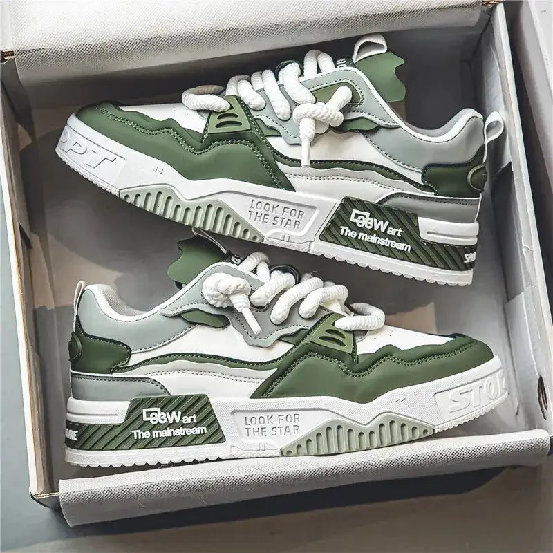 Men's skate shoes by Simples Market, green and white chunky lace-up sneakers with non-slip sole
