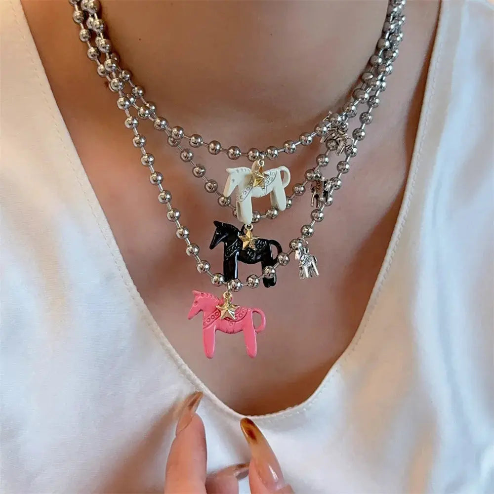 LATS Enamel Colt Horse Pendant Necklace For Women Colorful Silver Plated Alloy Beads Chain Choker