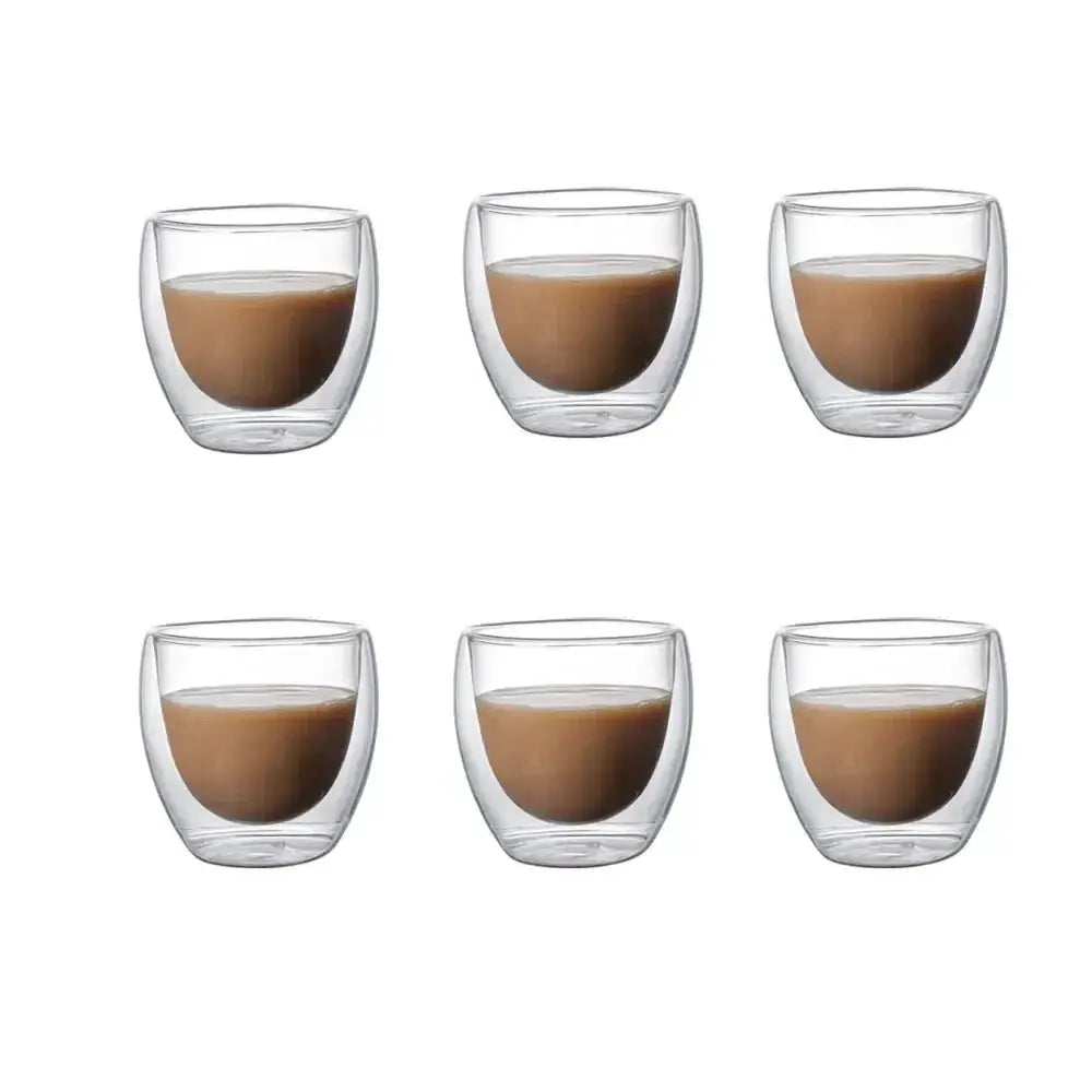 ClearGlass Double Wall Glass Cups Set of 6 80ml Insulated Handsafe Mugs for Coffee Tea Beer
