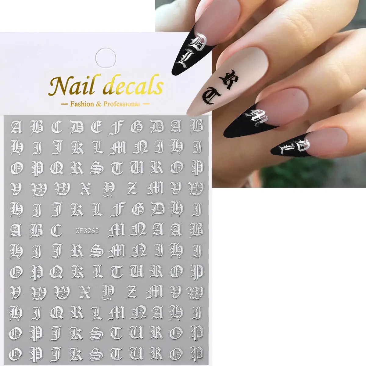 Nail decals: 26-piece 3D Gothic alphabet letters in silver/gold, self-adhesive manicure decals (8x10 cm)