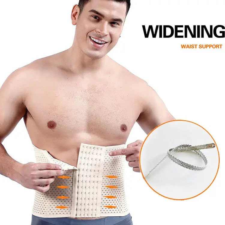 Men's waist trainer belt in beige with perforated panels and adjustable hook closures