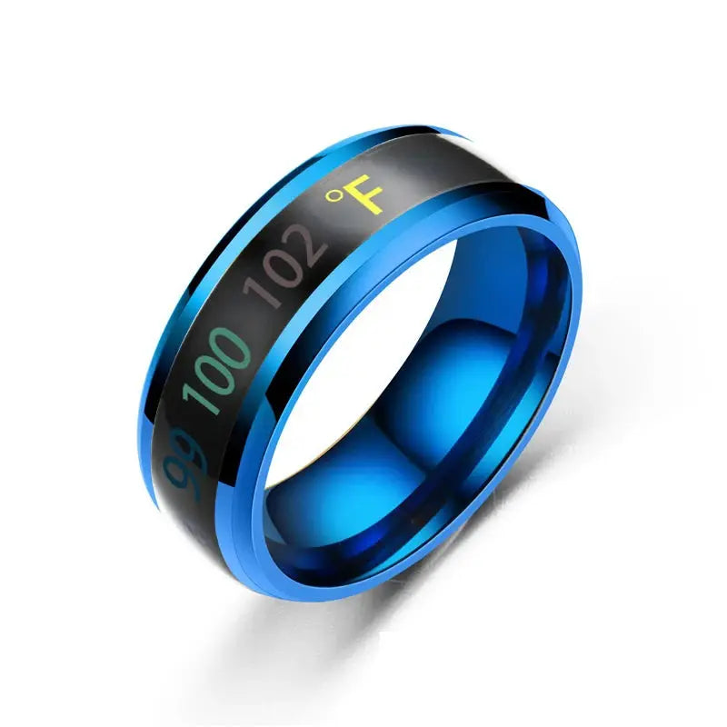 Smart blue stainless steel mood-sensing ring with temperature display for couples