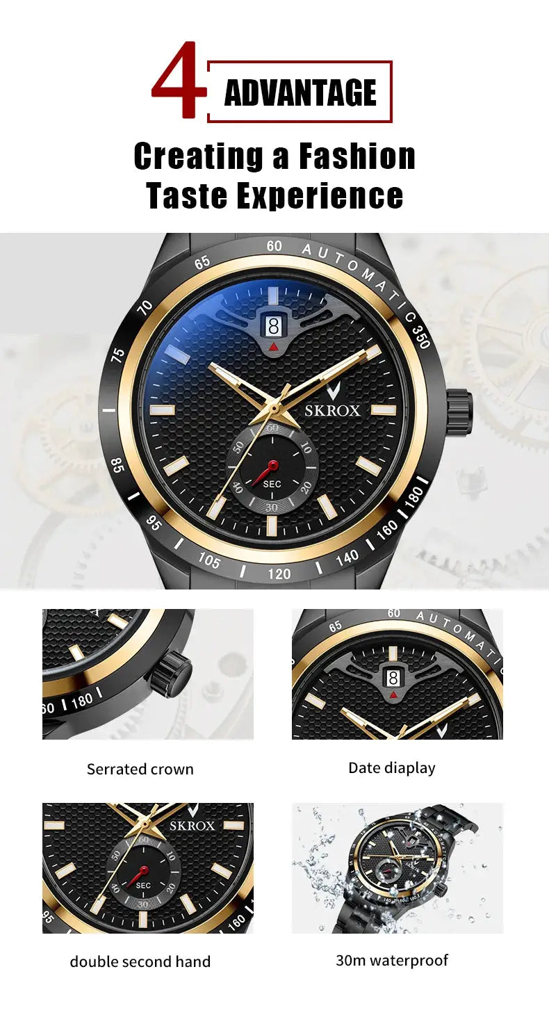 SKROX luxury black stainless steel wristwatch with gold bezel, date display, subdial, automatic movement, and 30m waterproof