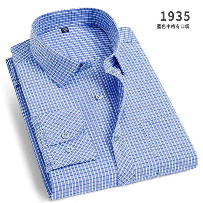 Men's blue checkered long-sleeve shirt by Simples Market, folded for business casual.