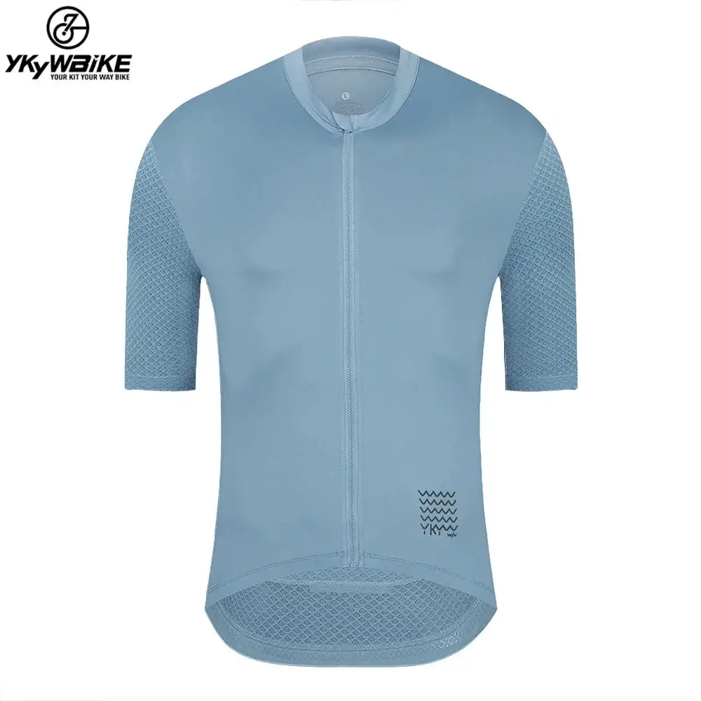 Cycling jersey by YKYWBIKE, sky blue short-sleeve with front zipper and mesh sleeves