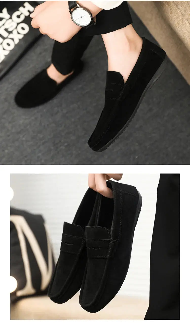 Men's black suede driving loafers by Simples Market, versatile casual work shoes