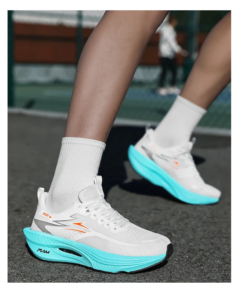 Pair of Simples Market running shoes, white breathable mesh upper with turquoise cushioned sole