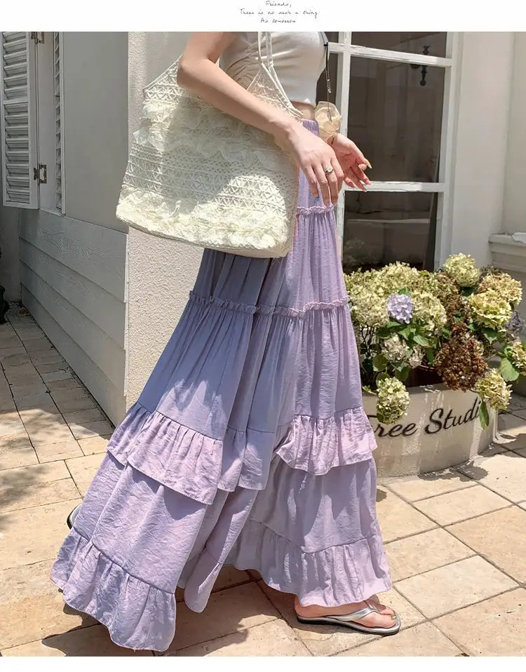 Lavender tiered ruffle-hem maxi skirt with high waist and flowy chiffon layers.