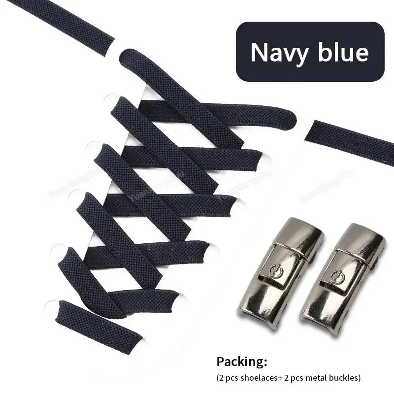 Press-lock elastic no-tie shoelaces, navy blue with 2 metal buckles (set of 2)