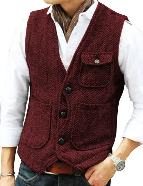 Men's brown herringbone wool tweed vest with V-neck, single-breasted buttons and patch pockets — Simples Market