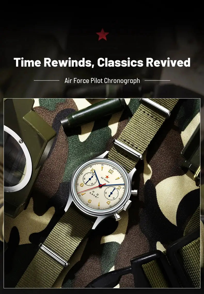Seagull 1963 pilot chronograph watch by Simples Market on olive NATO strap; beige dial with blue subdials.
