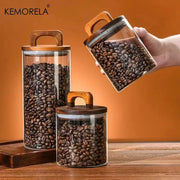 Wood Lid Glass Jar Airtight Canister For Tea Coffee Beans Grounds Candy Kitchen Storage Sealed Jar